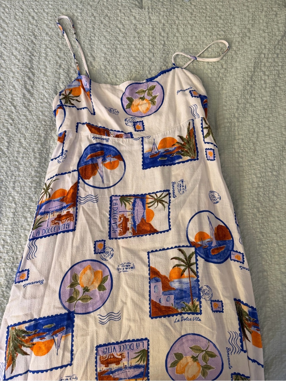 Marshalls White Midi Dress with Orange & Blue Scenic Print